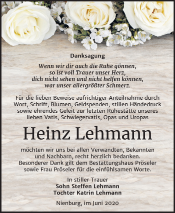 Traueranzeige von Heinz Lehmann von Super Sonntag Bernburg