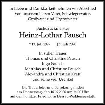 Traueranzeige von Heinz-Lothar Pausch von Mitteldeutsche Zeitung Dessau-Roßlau