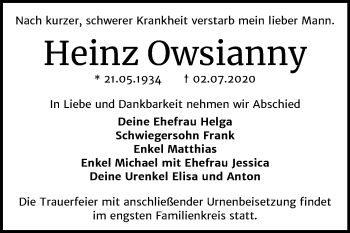 Traueranzeige von Heinz Owsianny von Wochenspiegel Bitterfeld