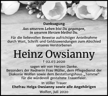 Traueranzeige von Heinz Owsianny von Wochenspiegel Bitterfeld