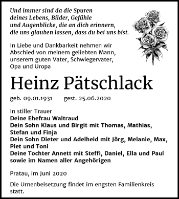 Traueranzeigen von Heinz Pätschlack | www.abschied-nehmen.de