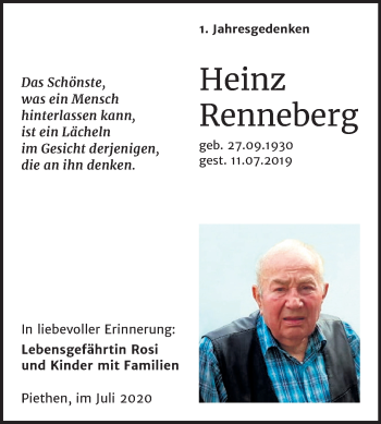 Traueranzeige von Heinz Renneberg von Super Sonntag Köthen