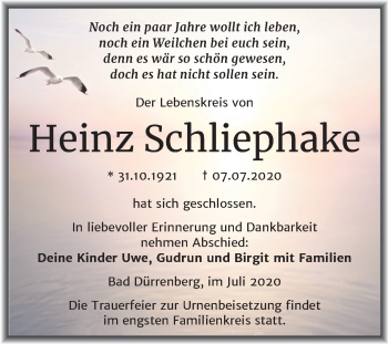 Traueranzeige von Heinz Schliephake von Mitteldeutsche Zeitung Halle/Saalkreis