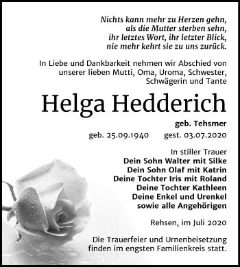 Traueranzeige von Helga Hedderich von Super Sonntag Wittenberg