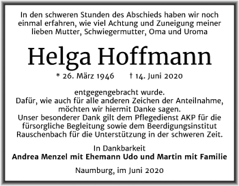 Traueranzeige von Helga Hoffmann von Wochenspiegel Naumburg/Nebra
