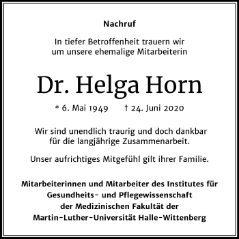 Traueranzeige von Helga Horn von Mitteldeutsche Zeitung Halle/Saalkreis