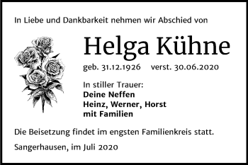 Traueranzeige von Helga Kühne von Mitteldeutsche Zeitung Sangerhausen