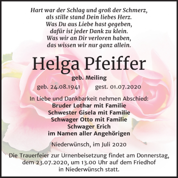 Traueranzeige von Helga Pfeiffer von Super Sonntag Merseburg/Querfurt
