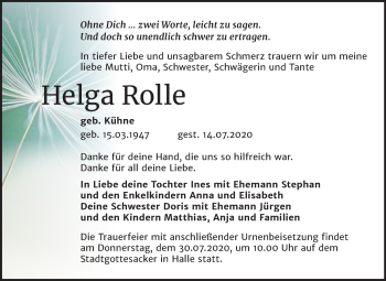 Traueranzeige von Helga Rolle von Mitteldeutsche Zeitung Halle/Saalkreis