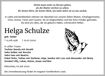 Traueranzeige von Helga Schulze von Super Sonntag Merseburg/Querfurt