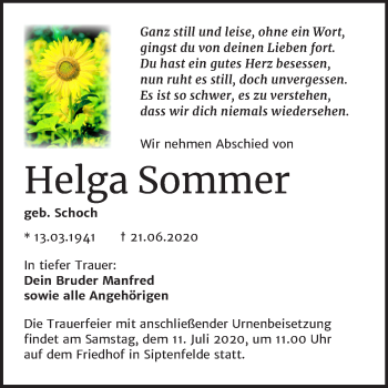 Traueranzeige von Helga Sommer von Super Sonntag Quedlinburg