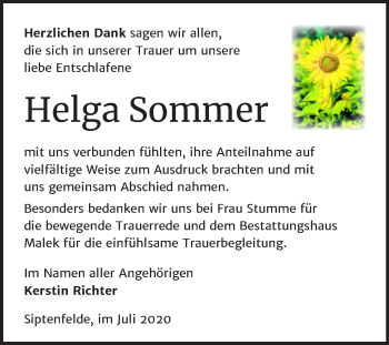 Traueranzeige von Helga Sommer von Mitteldeutsche Zeitung Quedlinburg