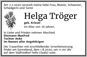 Traueranzeige von Helga Tröger von Mitteldeutsche Zeitung Halle/Saalkreis