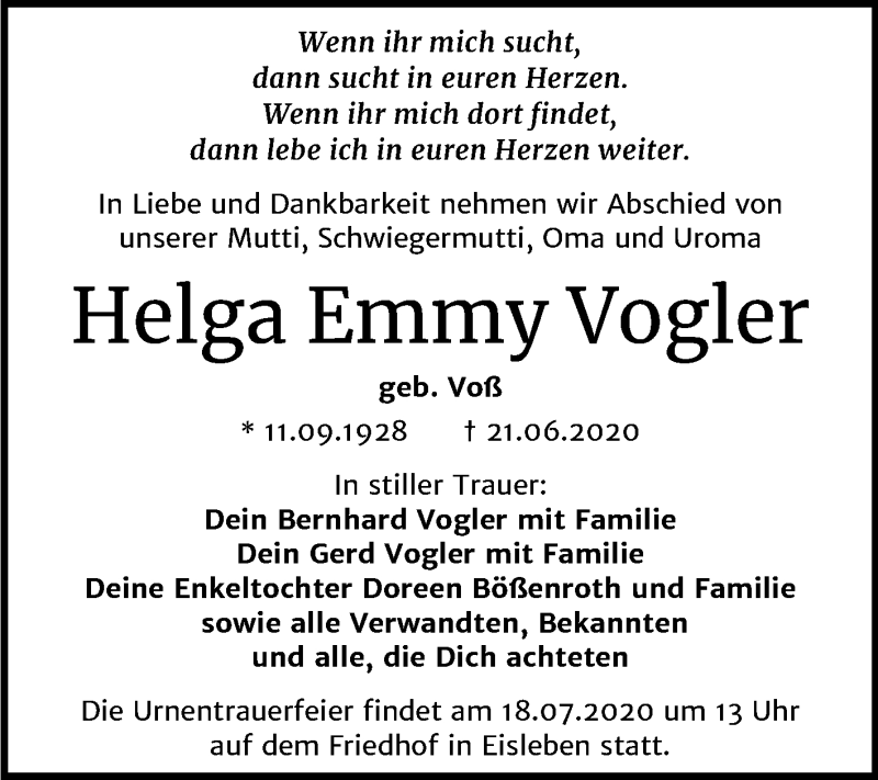  Traueranzeige für Helga Emmy Vogler vom 11.07.2020 aus Super Sonntag Mansfelder Land