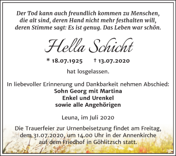 Traueranzeige von Hella Schicht von Mitteldeutsche Zeitung Merseburg/Querfurt