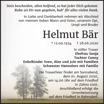 Traueranzeige von Helmut Bär von Super Sonntag Wittenberg