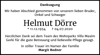 Traueranzeige von Helmut Dörre von Mitteldeutsche Zeitung Dessau-Roßlau