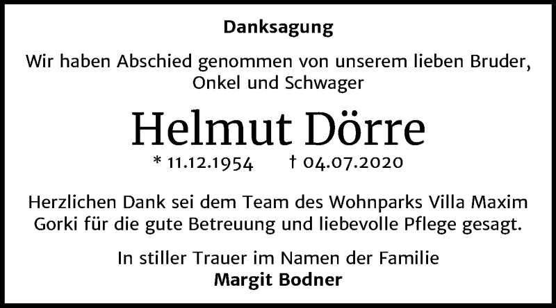  Traueranzeige für Helmut Dörre vom 11.07.2020 aus Super Sonntag Dessau-Roßlau