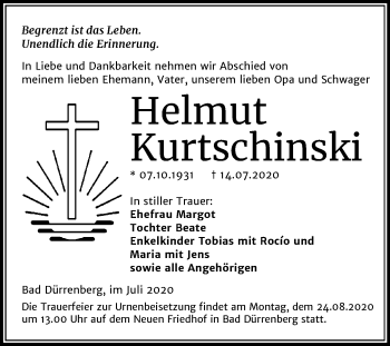 Traueranzeige von Helmut Kurtschinski von Mitteldeutsche Zeitung Merseburg/Querfurt