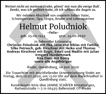 Traueranzeige von Helmut Poludniok von Super Sonntag Quedlinburg