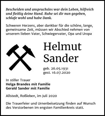 Traueranzeige von Helmut Sander von Super Sonntag Sangerhausen