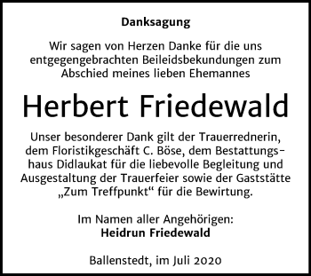 Traueranzeige von Herbert Friedewald von Super Sonntag Quedlinburg