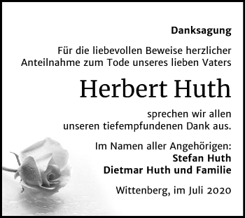 Traueranzeige von Herbert Huth von Mitteldeutsche Zeitung Wittenberg