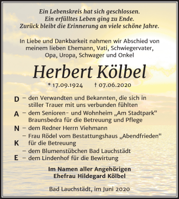 Traueranzeige von Herbert Kölbel von Mitteldeutsche Zeitung Merseburg/Querfurt