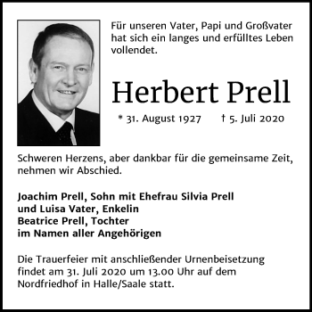 Traueranzeige von Herbert Prell von Mitteldeutsche Zeitung Halle/Saalkreis
