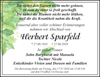 Traueranzeige von Herbert Sparfeld von Mitteldeutsche Zeitung Dessau-Roßlau
