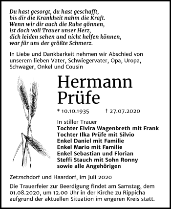 Traueranzeige von Hermann Prüfe von Mitteldeutsche Zeitung Zeitz