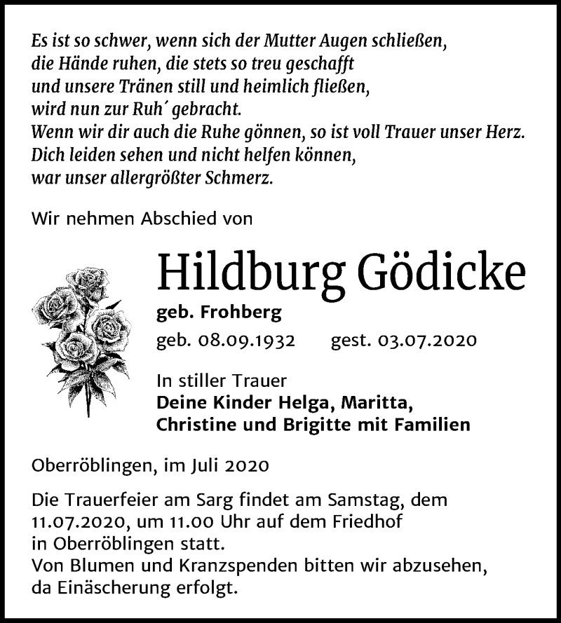  Traueranzeige für Hildburg Gödicke vom 09.07.2020 aus Mitteldeutsche Zeitung Sangerhausen