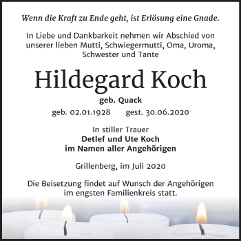Traueranzeige von Hildegard Koch von Super Sonntag Sangerhausen