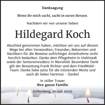Traueranzeige von Hildegard Koch von Super Sonntag Sangerhausen