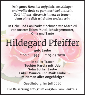 Traueranzeige von Hildegard Pfeiffer von Mitteldeutsche Zeitung Quedlinburg