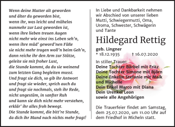 Traueranzeige von Hildegard Rettig von Mitteldeutsche Zeitung Köthen