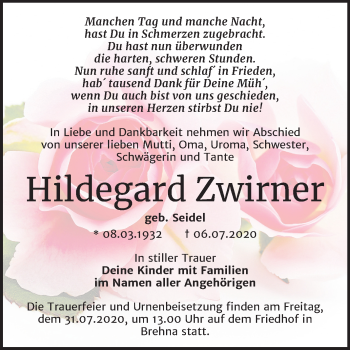 Traueranzeige von Hildegard Zwirner von Mitteldeutsche Zeitung Bitterfeld