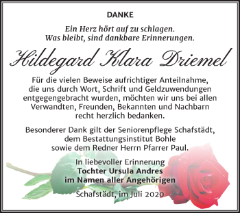 Traueranzeige von Hildegard Klara Driemel von Mitteldeutsche Zeitung Merseburg/Querfurt
