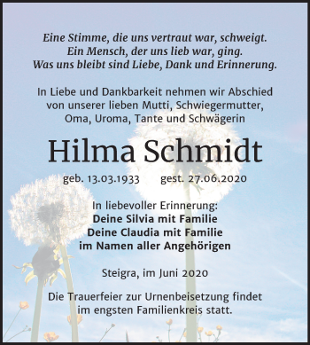 Traueranzeige von Hilma Schmidt von Super Sonntag Merseburg/Querfurt