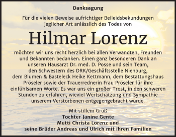 Traueranzeige von Hilmar Lorenz von Mitteldeutsche Zeitung Bernburg