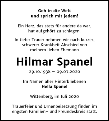 Traueranzeige von Hilmar Spanel von Super Sonntag Wittenberg