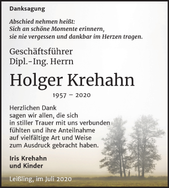 Traueranzeige von Holger Krehahn von Mitteldeutsche Zeitung Weißenfels
