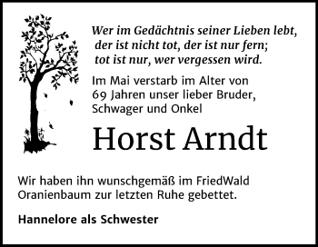 Traueranzeige von Horst Arndt von Mitteldeutsche Zeitung Wittenberg