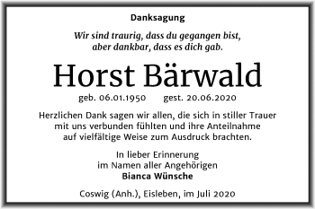 Traueranzeige von Horst Bärwald von Super Sonntag Wittenberg