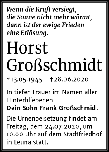 Traueranzeige von Horst Großschmidt von Wochenspiegel Merseburg/Querfurt