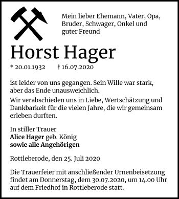 Traueranzeige von Horst Hager von Mitteldeutsche Zeitung Sangerhausen