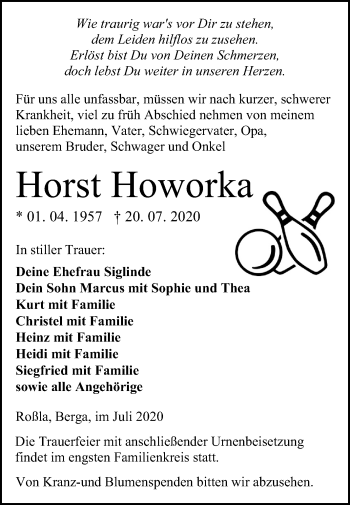 Traueranzeige von Horst Howorka von Super Sonntag Sangerhausen