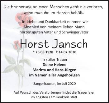Traueranzeige von Horst Jansch von Super Sonntag Sangerhausen
