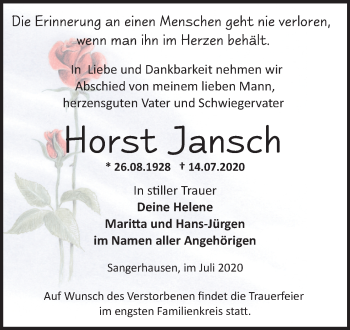 Traueranzeige von Horst Jansch von Mitteldeutsche Zeitung Sangerhausen