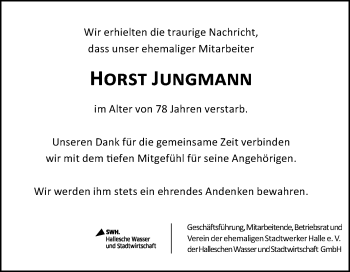 Traueranzeige von Horst Jungmann von Mitteldeutsche Zeitung Halle/Saalkreis